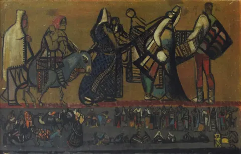 "Göç" eseri EREN EYÜBOĞLU tarafından 85x100 cm ölçülerinde Tuval üzeri yağlı boya tekniği ile yapılmıştır.