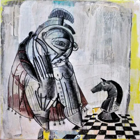 "At Terbiyecisi" eseri ERHAN LANPİR tarafından 2014 yılında 20x20 cm ölçülerinde Tuval üzeri yağlı boya tekniği ile yapılmıştır.