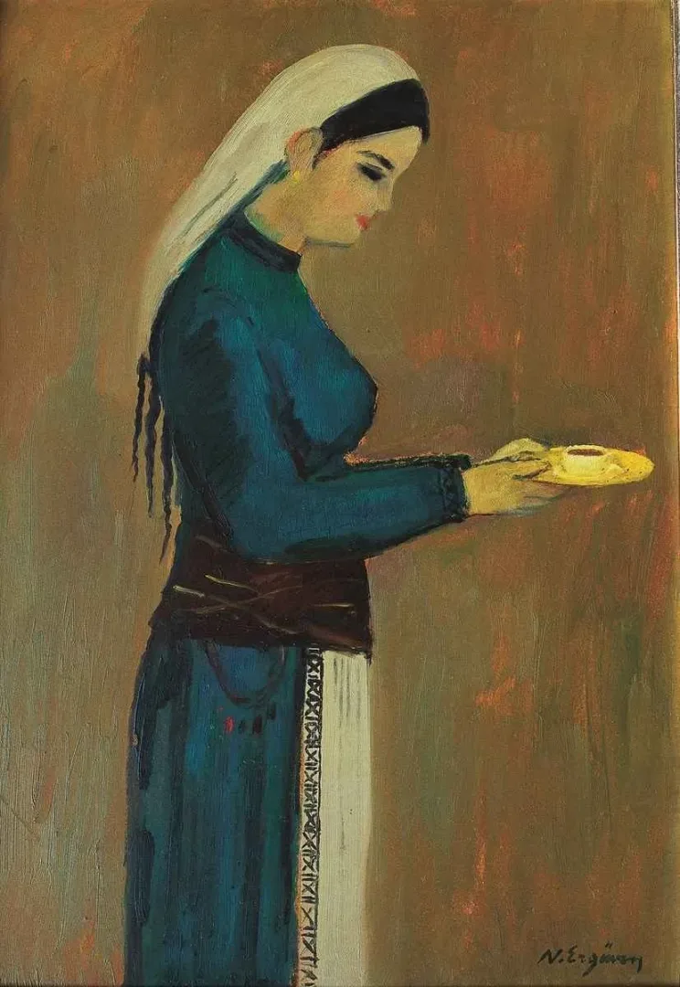 yakınlaştır "Kahve veren Kadın" eseri NURETTİN ERGÜVEN tarafından 55x39 cm ölçülerinde Duralit üzeri yağlı boya tekniği ile yapılmıştır.