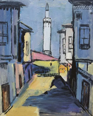 "Camili Sokak" eseri NURETTİN ERGÜVEN tarafından 41x34 cm ölçülerinde Duralit üzeri yağlı boya tekniği ile yapılmıştır.