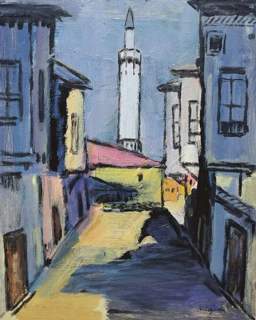 yakınlaştır "Camili Sokak" eseri NURETTİN ERGÜVEN tarafından 41x34 cm ölçülerinde Duralit üzeri yağlı boya tekniği ile yapılmıştır.