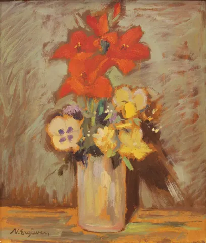 NURETTİN ERGÜVEN — “isimsiz” "isimsiz" eseri NURETTİN ERGÜVEN tarafından 41x34 cm ölçülerinde Duralit üzeri yağlı boya tekniği ile yapılmıştır.