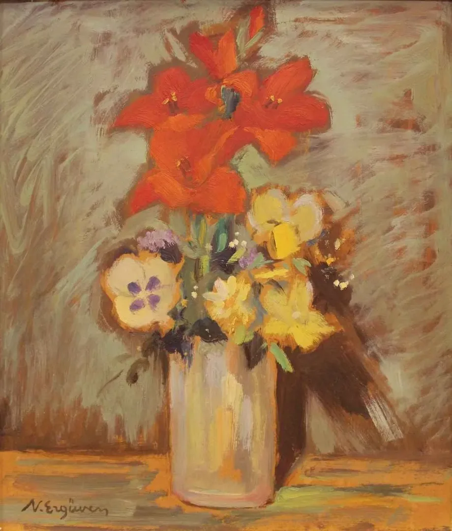 NURETTİN ERGÜVEN — “isimsiz” "isimsiz" eseri NURETTİN ERGÜVEN tarafından 41x34 cm ölçülerinde Duralit üzeri yağlı boya tekniği ile yapılmıştır.