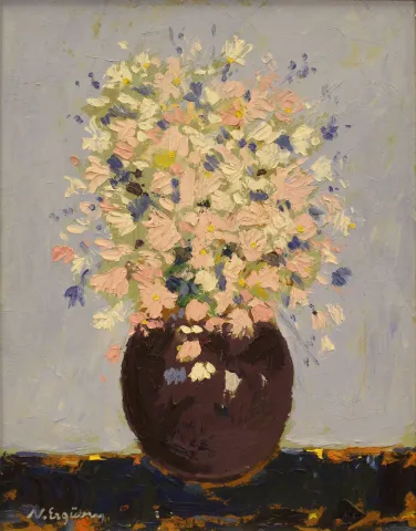 NURETTİN ERGÜVEN — “isimsiz” "isimsiz" eseri NURETTİN ERGÜVEN tarafından 41x34 cm ölçülerinde Duralit üzeri yağlı boya tekniği ile yapılmıştır.