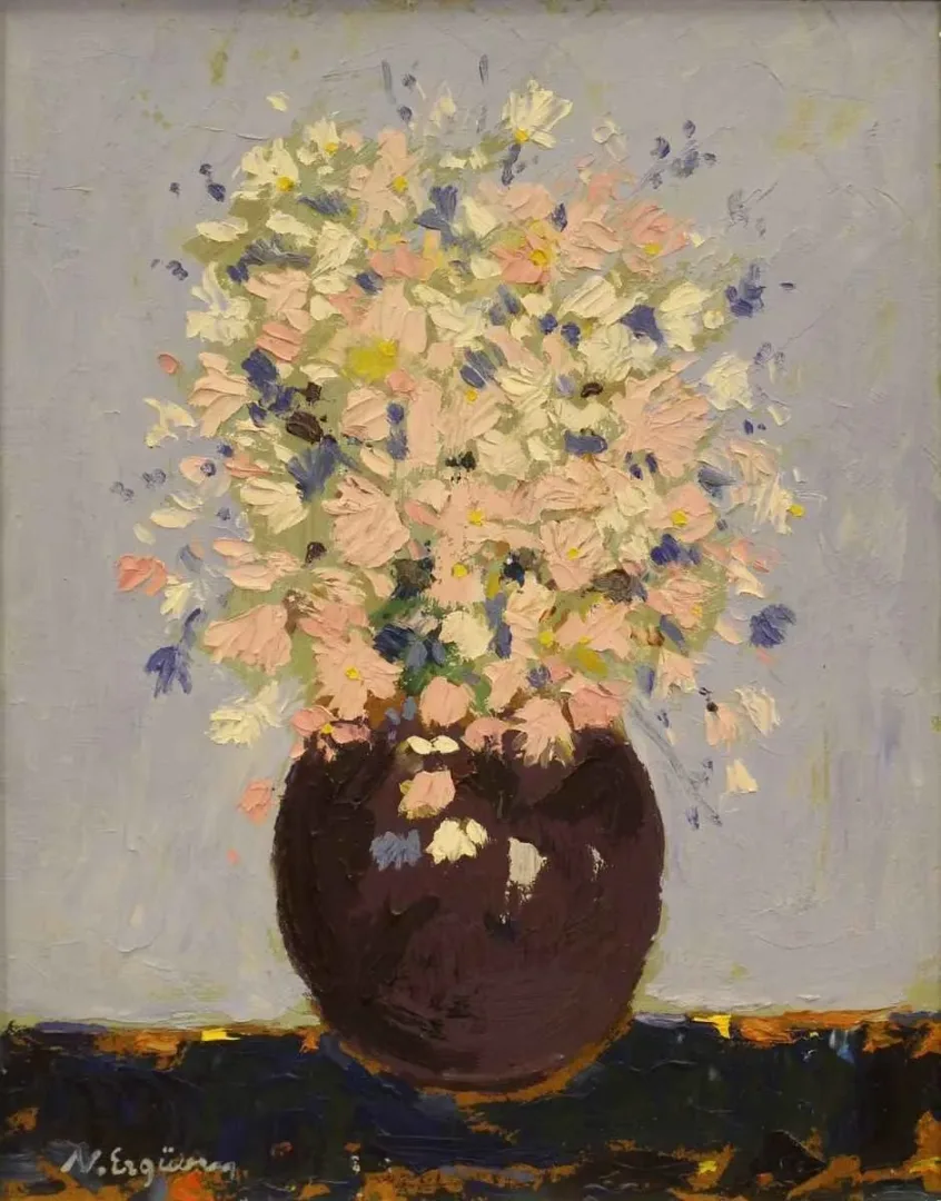 NURETTİN ERGÜVEN — “isimsiz” "isimsiz" eseri NURETTİN ERGÜVEN tarafından 41x34 cm ölçülerinde Duralit üzeri yağlı boya tekniği ile yapılmıştır.