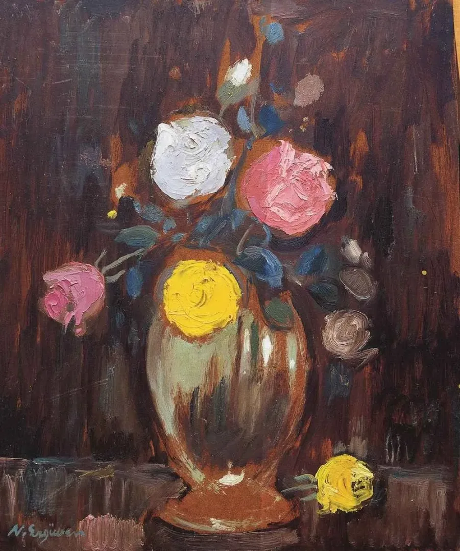NURETTİN ERGÜVEN — “isimsiz” "isimsiz" eseri NURETTİN ERGÜVEN tarafından 41x34 cm ölçülerinde Duralit üzeri yağlı boya tekniği ile yapılmıştır.