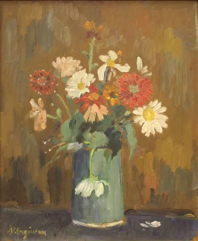 NURETTİN ERGÜVEN — “isimsiz” "isimsiz" eseri NURETTİN ERGÜVEN tarafından 41x34 cm ölçülerinde Duralit üzeri yağlı boya tekniği ile yapılmıştır.