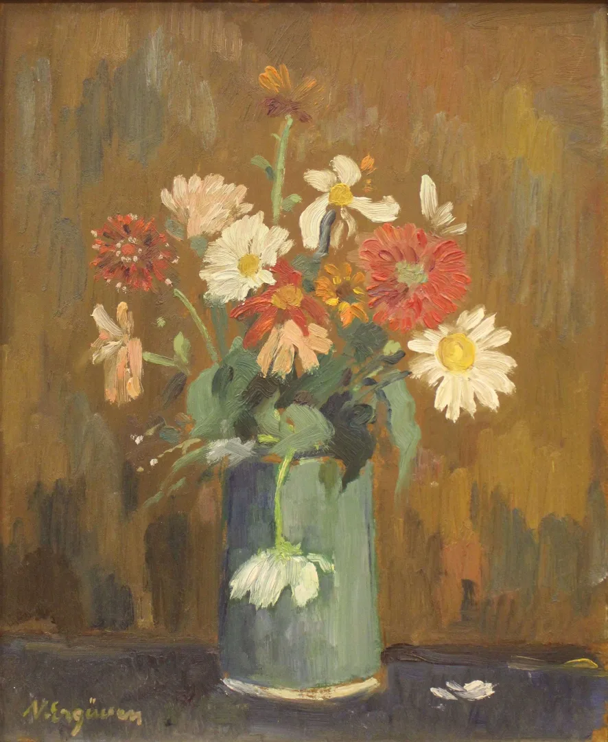 NURETTİN ERGÜVEN — “isimsiz” "isimsiz" eseri NURETTİN ERGÜVEN tarafından 41x34 cm ölçülerinde Duralit üzeri yağlı boya tekniği ile yapılmıştır.