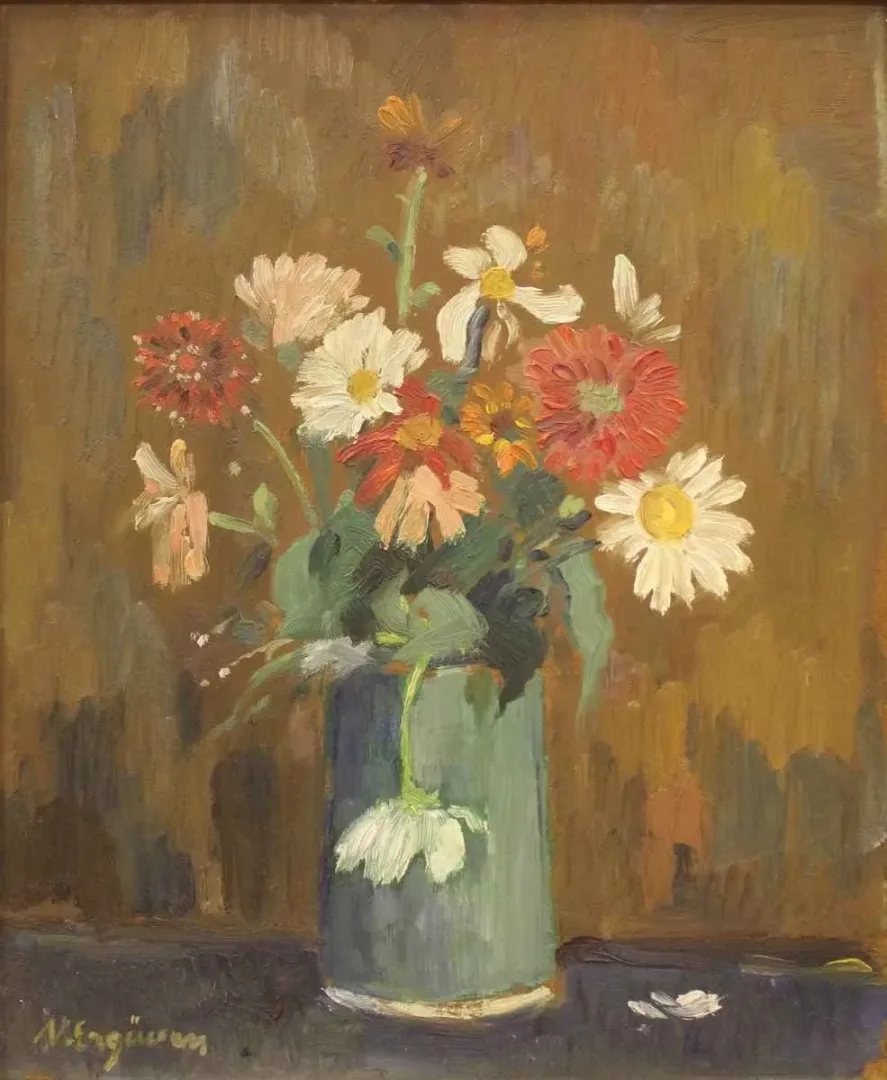 NURETTİN ERGÜVEN — “isimsiz” "isimsiz" eseri NURETTİN ERGÜVEN tarafından 41x34 cm ölçülerinde Duralit üzeri yağlı boya tekniği ile yapılmıştır.