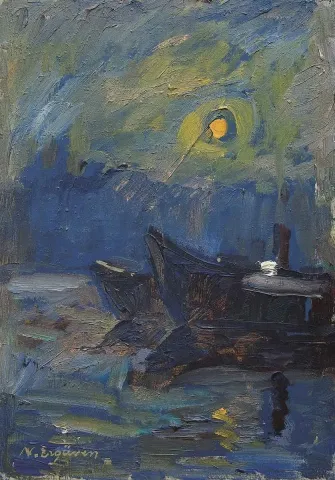 NURETTİN ERGÜVEN — “isimsiz” "isimsiz" eseri NURETTİN ERGÜVEN tarafından 28x20 cm ölçülerinde Duralit üzeri yağlı boya tekniği ile yapılmıştır.