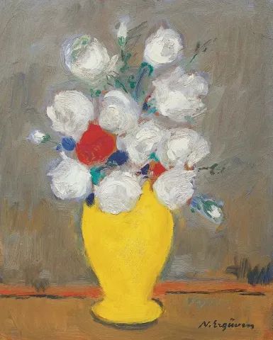 NURETTİN ERGÜVEN — “isimsiz” "isimsiz" eseri NURETTİN ERGÜVEN tarafından 41x34 cm ölçülerinde Duralit üzeri yağlı boya tekniği ile yapılmıştır.