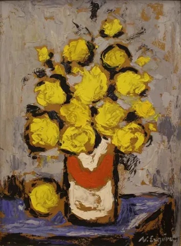 NURETTİN ERGÜVEN — “isimsiz” "isimsiz" eseri NURETTİN ERGÜVEN tarafından 46x34 cm ölçülerinde Duralit üzeri yağlı boya tekniği ile yapılmıştır.