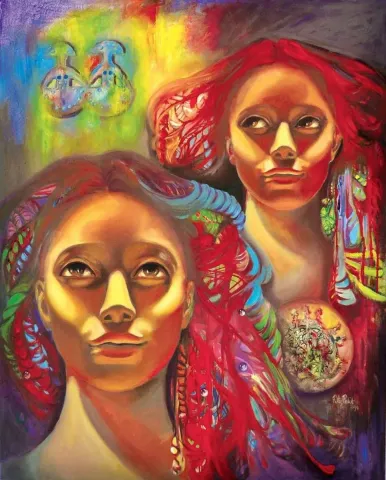 "les jumeaux deesse de lAnatolie" eseri FİLİZ PELİT tarafından 2014 yılında 100x80 cm ölçülerinde Tuval üzeri yağlı boya tekniği ile yapılmıştır.
