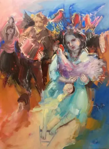 PERUZE HAMURCU — “Zamanı yiyen horoz”, 2014 "Zamanı yiyen horoz" eseri PERUZE HAMURCU tarafından 2014 yılında 120x90 cm ölçülerinde Tuval üzeri yağlı boya tekniği ile yapılmıştır.