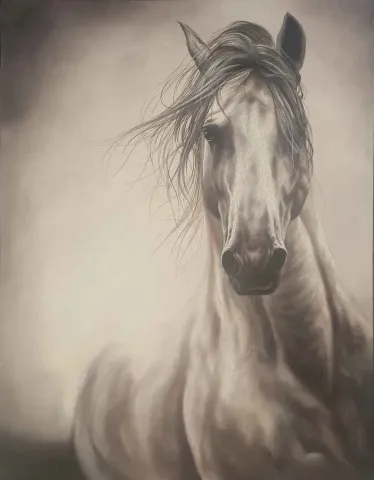 "At" eseri BEHZAT FEYZULLAH tarafından 2015 yılında 80x60 cm ölçülerinde Tuval üzeri yağlı boya tekniği ile yapılmıştır.