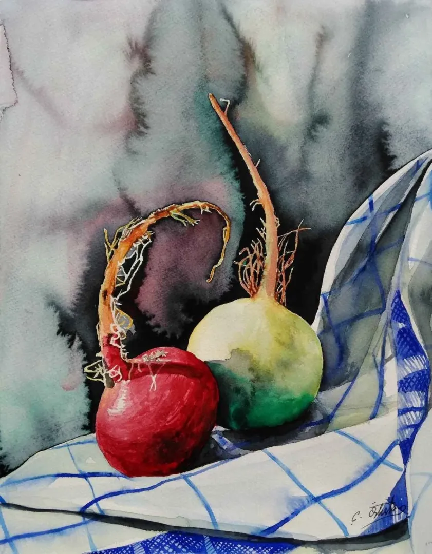 yakınlaştır "Turplar" eseri ÇAĞLAR ÖZTÜRK tarafından 2015 yılında 28x36 cm ölçülerinde Kağıt üzeri sulu boya tekniği ile yapılmıştır.