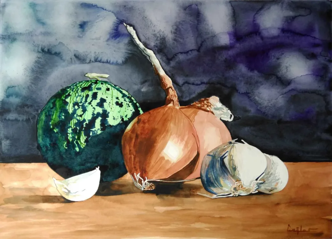 yakınlaştır "Kelek, Soğanlar ve Sarımsak" eseri ÇAĞLAR ÖZTÜRK tarafından 2015 yılında 40x55 cm ölçülerinde Kağıt üzeri sulu boya tekniği ile yapılmıştır.