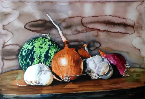 ÇAĞLAR ÖZTÜRK — “Kelek, Soğanlar ve Sarımsaklar”, 2015 "Kelek, Soğanlar ve Sarımsaklar" eseri ÇAĞLAR ÖZTÜRK tarafından 2015 yılında 40x58 cm ölçülerinde Kağıt üzeri sulu boya tekniği ile yapılmıştır.