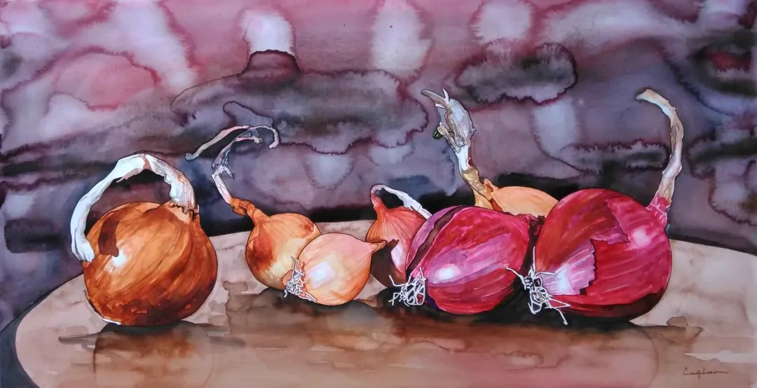 yakınlaştır "Soğanlar" eseri ÇAĞLAR ÖZTÜRK tarafından 2015 yılında 45x85 cm ölçülerinde Kağıt üzeri sulu boya tekniği ile yapılmıştır.