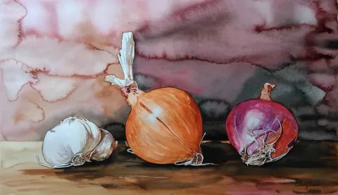 ÇAĞLAR ÖZTÜRK — “Sarımsak ve Soğanlar”, 2015 "Sarımsak ve Soğanlar" eseri ÇAĞLAR ÖZTÜRK tarafından 2015 yılında 35x60 cm ölçülerinde Kağıt üzeri sulu boya tekniği ile yapılmıştır.