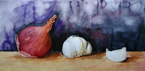 ÇAĞLAR ÖZTÜRK — “Soğan ve Sarımsaklar”, 2015 "Soğan ve Sarımsaklar" eseri ÇAĞLAR ÖZTÜRK tarafından 2015 yılında 35x70 cm ölçülerinde Kağıt üzeri sulu boya tekniği ile yapılmıştır.