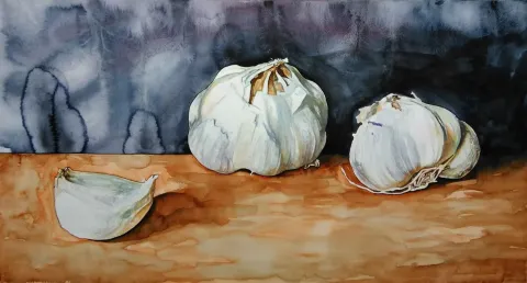 ÇAĞLAR ÖZTÜRK — “Sarımsaklar”, 2015 "Sarımsaklar" eseri ÇAĞLAR ÖZTÜRK tarafından 2015 yılında 35x64 cm ölçülerinde Kağıt üzeri sulu boya tekniği ile yapılmıştır.