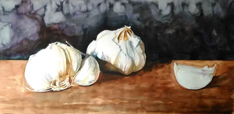 ÇAĞLAR ÖZTÜRK — “Sarımsaklar”, 2015 "Sarımsaklar" eseri ÇAĞLAR ÖZTÜRK tarafından 2015 yılında 35x70 cm ölçülerinde Kağıt üzeri sulu boya tekniği ile yapılmıştır.