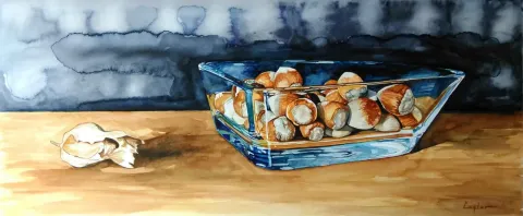 ÇAĞLAR ÖZTÜRK — “Kasede Fındıklar”, 2015 "Kasede Fındıklar" eseri ÇAĞLAR ÖZTÜRK tarafından 2015 yılında 35x83 cm ölçülerinde Kağıt üzeri sulu boya tekniği ile yapılmıştır.