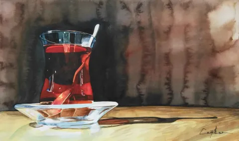 ÇAĞLAR ÖZTÜRK — “Bardak Çay”, 2015 "Bardak Çay" eseri ÇAĞLAR ÖZTÜRK tarafından 2015 yılında 26x43 cm ölçülerinde Kağıt üzeri sulu boya tekniği ile yapılmıştır.