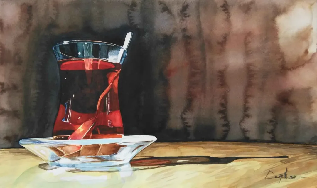 yakınlaştır "Bardak Çay" eseri ÇAĞLAR ÖZTÜRK tarafından 2015 yılında 26x43 cm ölçülerinde Kağıt üzeri sulu boya tekniği ile yapılmıştır.