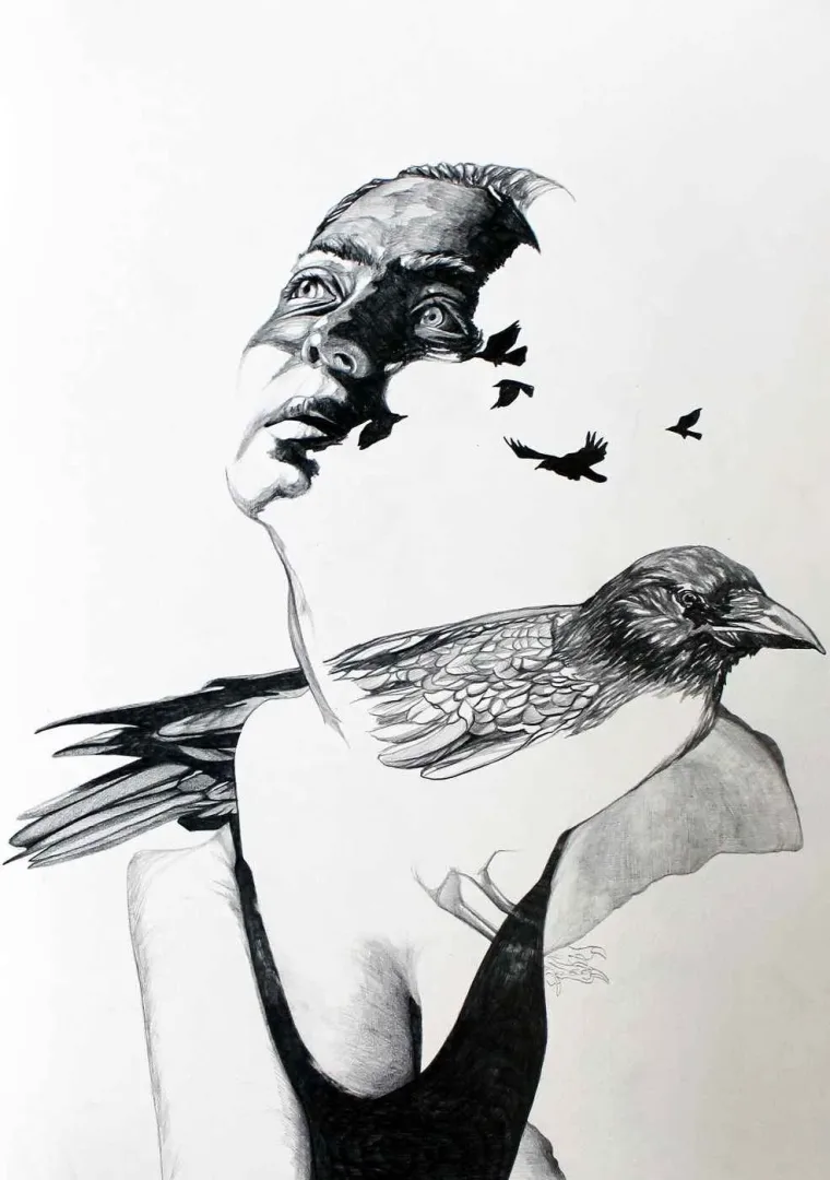 "Kafamdaki Kuşlar-V" eseri BERK ARIKAN tarafından 2015 yılında 50x35 cm ölçülerinde Kağıt üzeri kurşun kalem tekniği ile yapılmıştır.