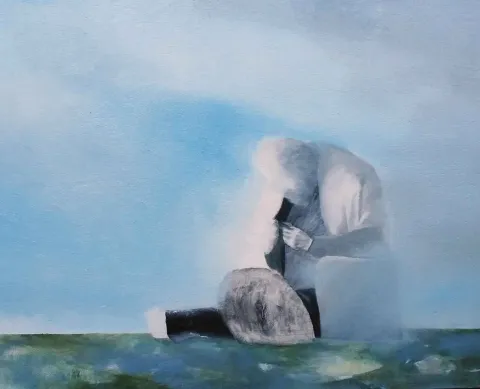 "The homeless watching his shirt attentively" eseri TAYFUN GÜLNAR tarafından 2015 yılında 40x50 cm ölçülerinde Tuval üzeri yağlı boya tekniği ile yapılmıştır.