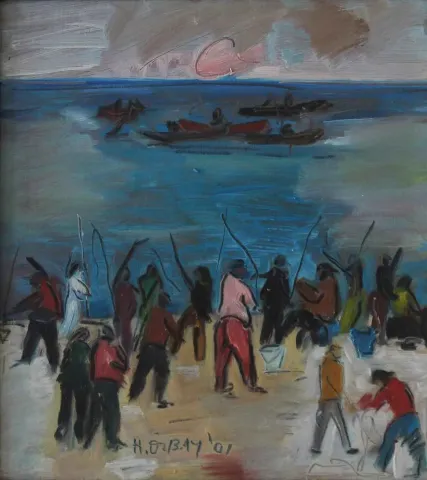 "Balık Tutanlar" eseri HİLMİ ÖZBAY tarafından 2001 yılında 25x28 cm ölçülerinde Duralit üzeri yağlı boya tekniği ile yapılmıştır.