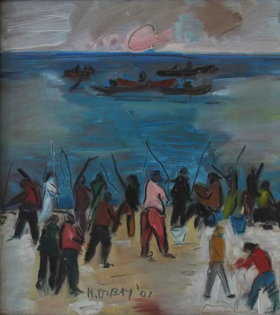 yakınlaştır "Balık Tutanlar" eseri HİLMİ ÖZBAY tarafından 2001 yılında 25x28 cm ölçülerinde Duralit üzeri yağlı boya tekniği ile yapılmıştır.