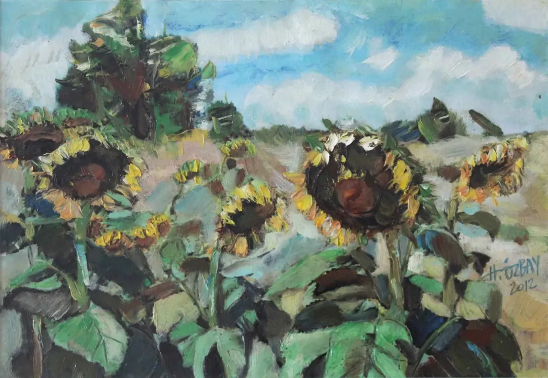 HİLMİ ÖZBAY — “Ayçiçek Tarlası”, 2012 "Ayçiçek Tarlası" eseri HİLMİ ÖZBAY tarafından 2012 yılında 28x41 cm ölçülerinde Kağıt üzeri yağlı boya tekniği ile yapılmıştır.