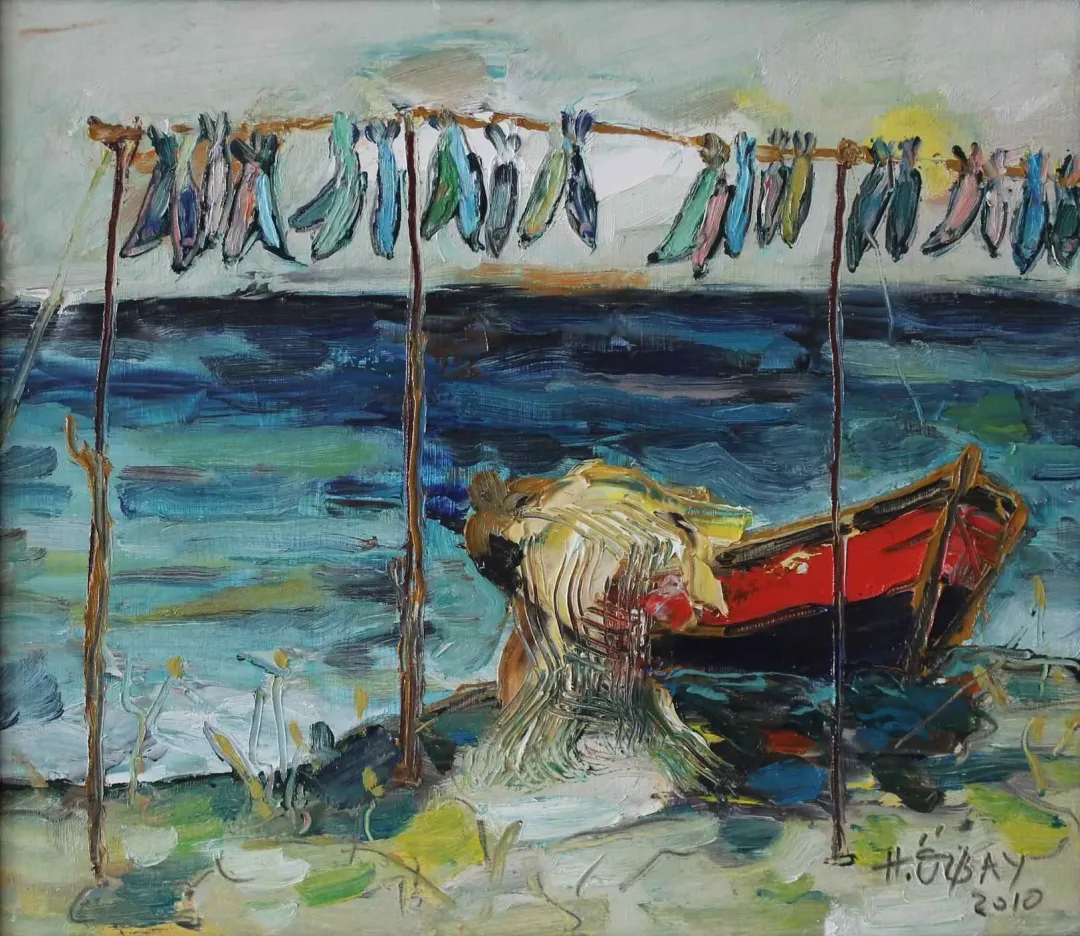 yakınlaştır "Kayık ve Çirozlar" eseri HİLMİ ÖZBAY tarafından 2010 yılında 35x40 cm ölçülerinde Duralit üzeri yağlı boya tekniği ile yapılmıştır.