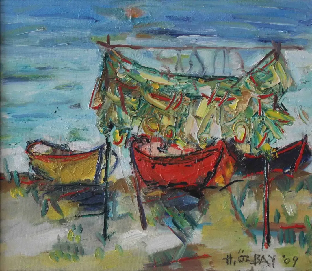 yakınlaştır "Balıkçı Ağları" eseri HİLMİ ÖZBAY tarafından 2009 yılında 35x40 cm ölçülerinde Tuval üzeri yağlı boya tekniği ile yapılmıştır.