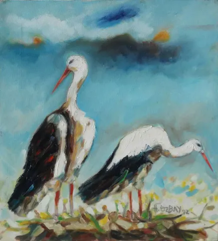 "Leylekler" eseri HİLMİ ÖZBAY tarafından 2012 yılında 50x45 cm ölçülerinde Tuval üzeri yağlı boya tekniği ile yapılmıştır.