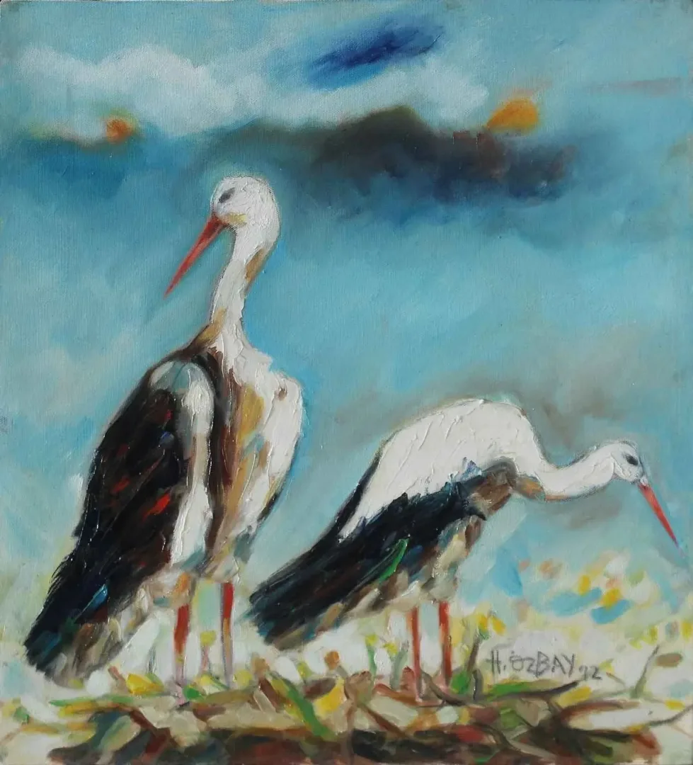yakınlaştır "Leylekler" eseri HİLMİ ÖZBAY tarafından 2012 yılında 50x45 cm ölçülerinde Tuval üzeri yağlı boya tekniği ile yapılmıştır.