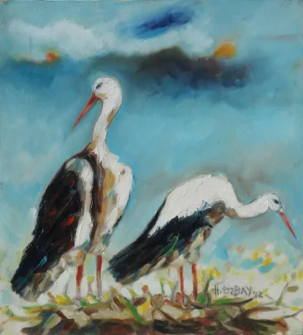 HİLMİ ÖZBAY — “Leylekler”, 2012 "Leylekler" eseri HİLMİ ÖZBAY tarafından 2012 yılında 50x45 cm ölçülerinde Tuval üzeri yağlı boya tekniği ile yapılmıştır.