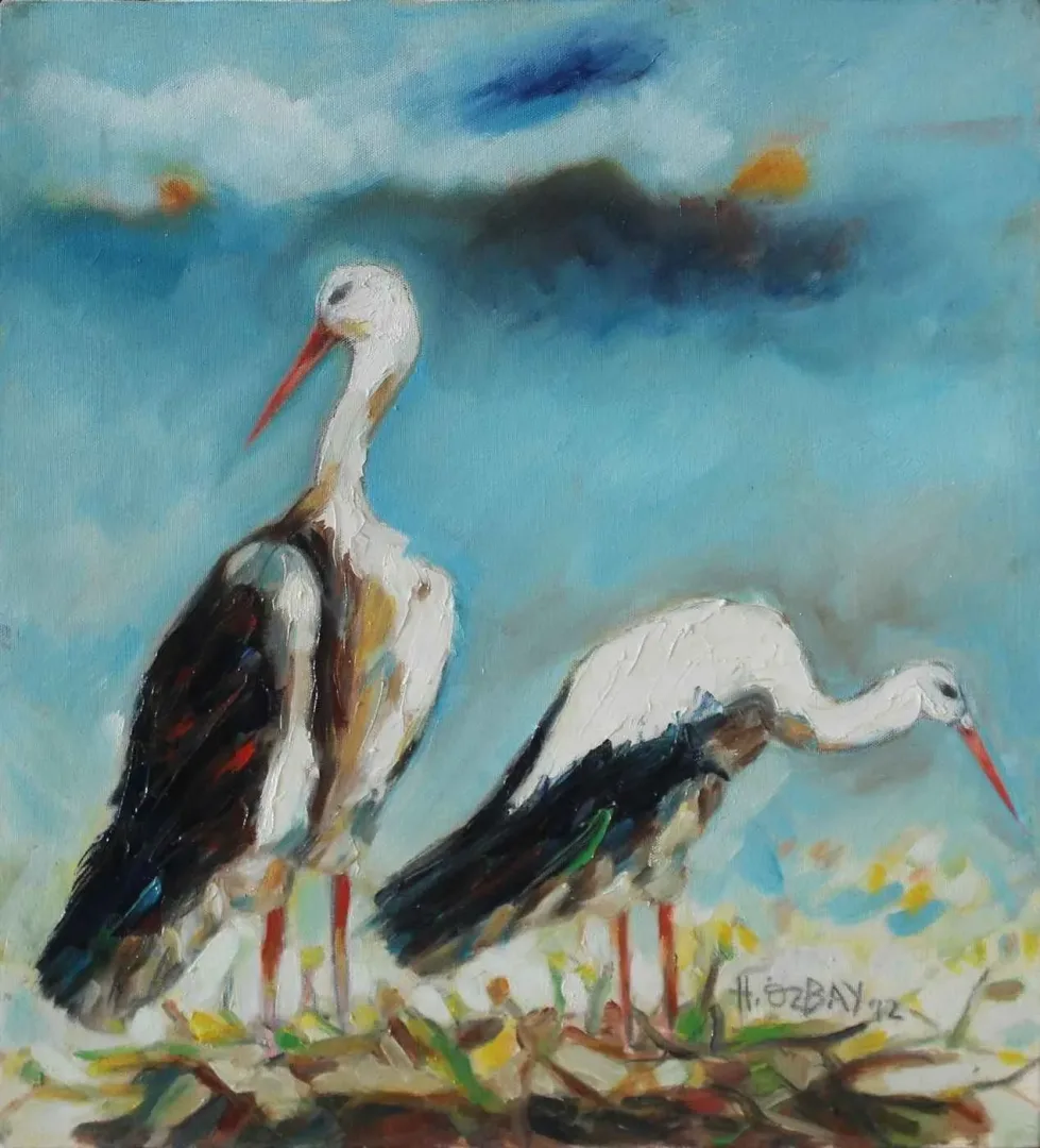 yakınlaştır "Leylekler" eseri HİLMİ ÖZBAY tarafından 2012 yılında 50x45 cm ölçülerinde Tuval üzeri yağlı boya tekniği ile yapılmıştır.