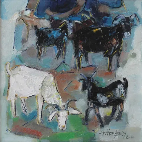 HİLMİ ÖZBAY — “Keçiler I”, 2010 "Keçiler I" eseri HİLMİ ÖZBAY tarafından 2010 yılında 40x40 cm ölçülerinde Tuval üzeri yağlı boya tekniği ile yapılmıştır.