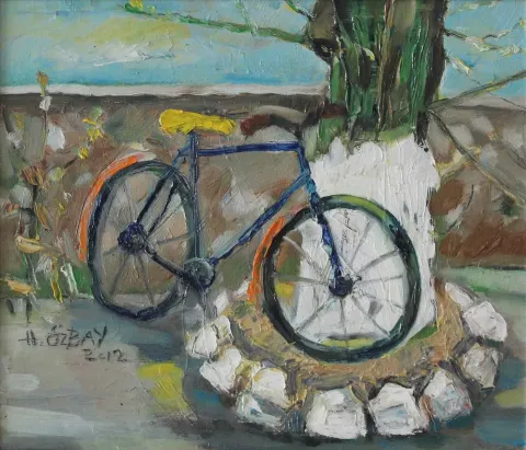 HİLMİ ÖZBAY — “Bisiklet ve Ağaç xI”, 2012 "Bisiklet ve Ağaç xI" eseri HİLMİ ÖZBAY tarafından 2012 yılında 30x35 cm ölçülerinde Duralit üzeri yağlı boya tekniği ile yapılmıştır.