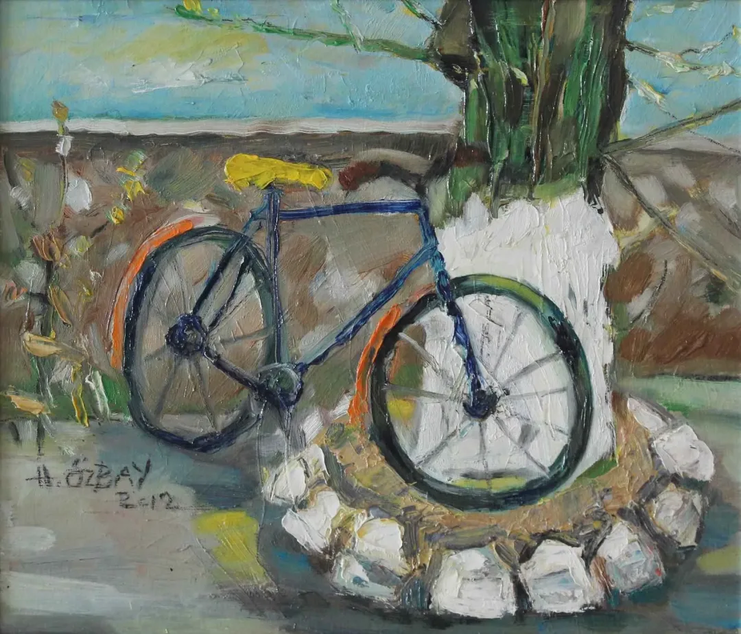 HİLMİ ÖZBAY — “Bisiklet ve Ağaç xI”, 2012 "Bisiklet ve Ağaç xI" eseri HİLMİ ÖZBAY tarafından 2012 yılında 30x35 cm ölçülerinde Duralit üzeri yağlı boya tekniği ile yapılmıştır.