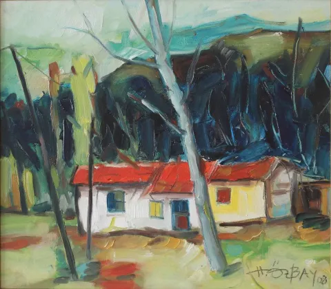 HİLMİ ÖZBAY — “Kırmızı Damlı Ev”, 2008 "Kırmızı Damlı Ev" eseri HİLMİ ÖZBAY tarafından 2008 yılında 40x45 cm ölçülerinde Tuval üzeri yağlı boya tekniği ile yapılmıştır.