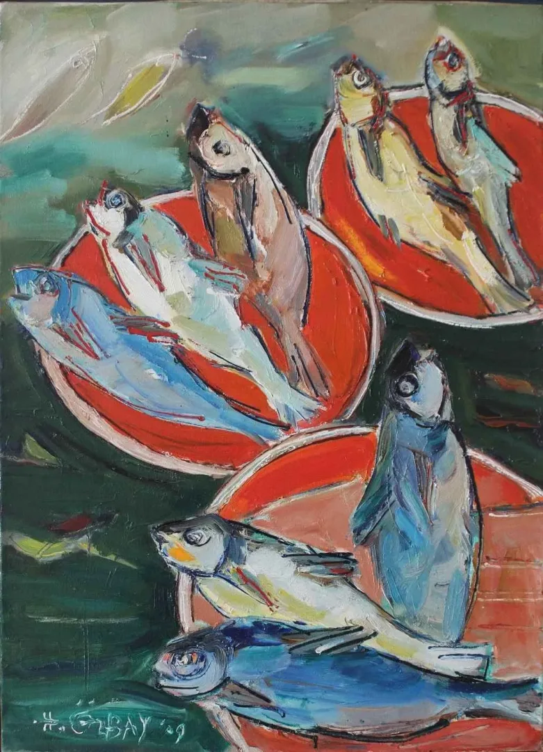 yakınlaştır "Balıklar I" eseri HİLMİ ÖZBAY tarafından 2009 yılında 70x50 cm ölçülerinde Tuval üzeri yağlı boya tekniği ile yapılmıştır.