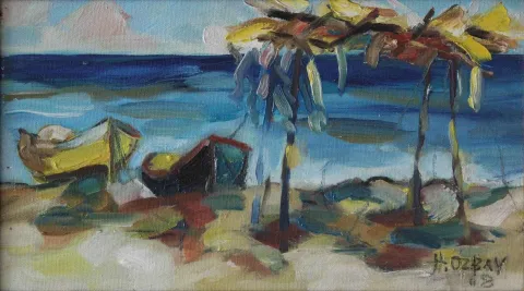 HİLMİ ÖZBAY — “Kıyıda Kayıklar I”, 2008 "Kıyıda Kayıklar I" eseri HİLMİ ÖZBAY tarafından 2008 yılında 20x35 cm ölçülerinde Tuval üzeri yağlı boya tekniği ile yapılmıştır.