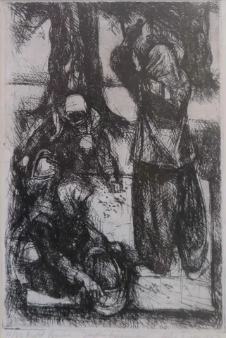 FAHRİ SÜMER — “Zeytin Toplayıcıları”, 1987 "Zeytin Toplayıcıları" eseri FAHRİ SÜMER tarafından 1987 yılında 25x18 cm ölçülerinde Gravür tekniği ile yapılmıştır.