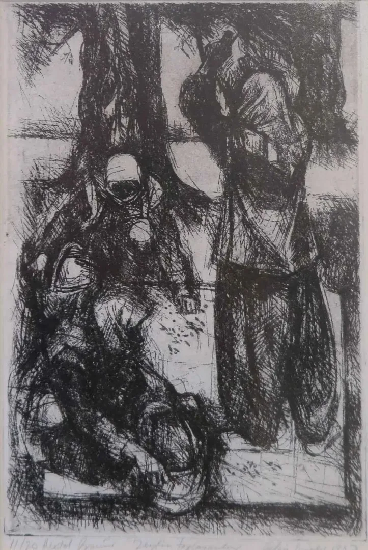 yakınlaştır "Zeytin Toplayıcıları" eseri FAHRİ SÜMER tarafından 1987 yılında 25x18 cm ölçülerinde Gravür tekniği ile yapılmıştır.