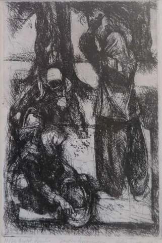FAHRİ SÜMER — “Zeytin Toplayıcıları”, 1987 "Zeytin Toplayıcıları" eseri FAHRİ SÜMER tarafından 1987 yılında 25x18 cm ölçülerinde Gravür tekniği ile yapılmıştır.